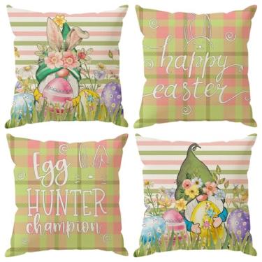 Imagem de ZAEW Capas de almofada Happy Easter Gnomos Orelhas de coelho, ovos de Páscoa, conjunto de 4 capas de almofada para decoração de festa de 45 x 45 cm