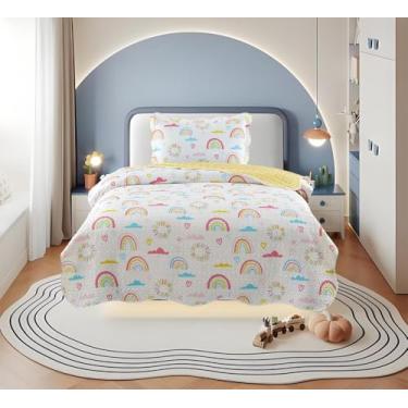 Imagem de Kit Colcha Infantil Cobre Leito 2 Peças, Matelassê Ultrassônico 160x240cm Personagens Divertidos Menina/Menino (ARCO ÍRIS BRANCO)