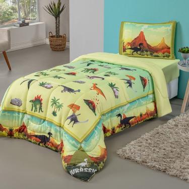 Imagem de Kit Edredom + Lençol Plush Fofinho Infantil Dupla Face Dream 3 Peças Solteiro - Dinossauro