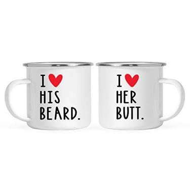 Imagem de Andaz Press Caneca de café de fogueira de aço inoxidável com tema de barba engraçada 325 ml presente para casais, I Heart (Love) His Beard, I Heart (Love) Her Butt, Red Hearts, pacote com 2, ideias de para ele e ela