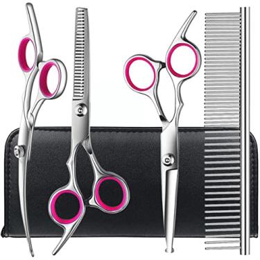 Imagem de Kit de tesouras para tosa de cães com pontas redondas de segurança, conjunto de tesouras profissionais para tosa de cães em aço inoxidável - tesouras de desbaste, retas e curvas e pente para pelos l