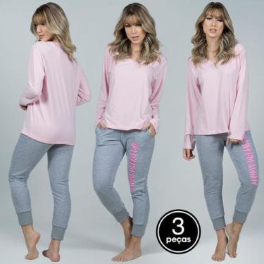 Imagem de Kit 3 Pijama Frio Malha Gola V Calça Estilo Moletom Jogger Manga Compr