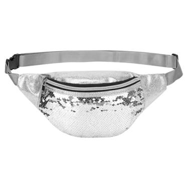 Imagem de DTGN Pochete feminina com lantejoulas, linda bolsa de cintura, bolsa transversal, resistente à água, pequena bolsa de bumbum com cinto ajustável para corrida, caminhada, brilhante, Prata