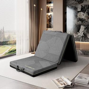 Imagem de GEMBED Colchão triplo dobrável tamanho único – Colchão dobrável de espuma viscoelástica com três dobras, alça e fundo antiderrapante, cadeira dobrável portátil para sofá cama para viagem, trailer
