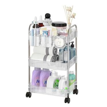 Imagem de DKALIO Carrinho de rodinhas de 3 níveis com cesta suspensa, carrinhos de armazenamento de acrílico de fácil montagem com rodas traváveis, organizador de armazenamento de carrinho utilitário para