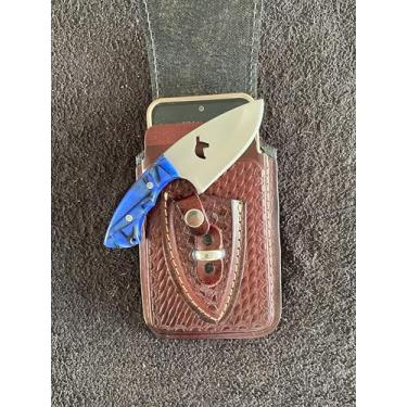 Imagem de Faca Campeira Skinner Muladeira Artesanal 15cm com Lâmina Inox 8cm, Cabo Madeira Muirapiranga ou Resina + Bainha para Celular – Versátil para Churrasco, Campo, Uso Rural e Dia a Dia (Azul)