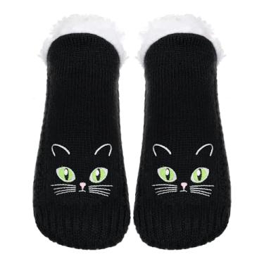 Imagem de Meias femininas felpudas de lã de ovelha com aderência antiderrapante, lindas meias de lã térmica, meias quentes e grossas de inverno, presente aconchegante, Gato de olhos verdes, One Size