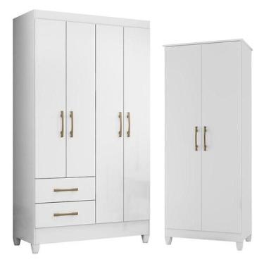 Imagem de Guarda Roupa Solteiro Chile e Armário Multiuso Jade Branco Brilho  Mov