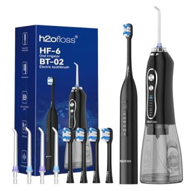 Imagem de H2ofloss Combo de irrigador bucal e escova de dentes elétrica – Cuidados bucais 2 em 1 para escovação e fio dental | Tanque de água de 300 ml, 20 a 110 PSI, 5 modos, livre de BPA | Bateria de longa