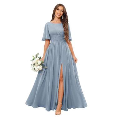 Imagem de Vestido de dama de honra JKMMYO Dusty Blue Chiffon com fenda tamanho 1