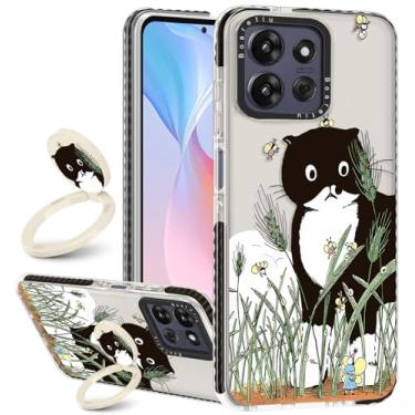 Imagem de Boaretiu Capa para Motorola Moto G Power/Play 2025 - com suporte fofo Kawaii Fashion 360° giratório anel suporte suporte preto gato abelha para mulheres meninas meninos adolescentes menina capa para