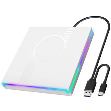 Imagem de Wbacon Unidade de CD/DVD externa RGB para laptop, unidade de CD externa USB 3.0 Tipo-C leitor de DVD portátil, gravador de CD +/-RW, unidade externa fina de CD ROM para laptop, desktop, Windows, Mac