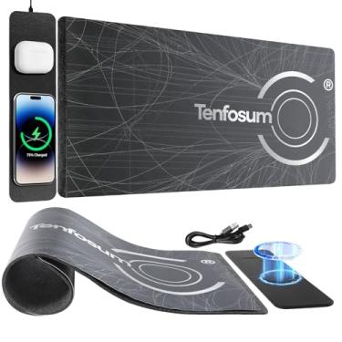 Imagem de Tenfosum Mouse pad de carregamento sem fio 76.2 cm x 38.1 cm XXL grande tapete de mesa com carregador sem fio duas camadas espesso PU + feltro impermeável para laptop, estação de carregamento 2 em 1