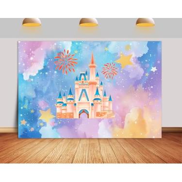 Imagem de Pano de fundo para castelo de princesa, aquarela, arco-íris, dourado, fogos de artifício, fita de desenho animado, castelo, feliz aniversário, para meninas, decoração de festa, banner, cabine