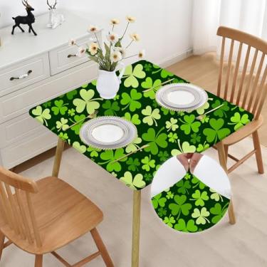 Imagem de Toalha de mesa quadrada de folhas verdes para Dia de São Patrício, 96 x 96 cm, elástica, antiderrapante, dobrável, lavável, elastano, sem vincos, com design de trevo da sorte para acampamento na