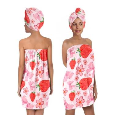 Imagem de QIULIBMH Conjunto de toalha de banho com estampa de morango e toalha de secagem de cabelo – envoltório corporal de microfibra de secagem rápida para mulheres, saia de spa absorvente com faixa elástica