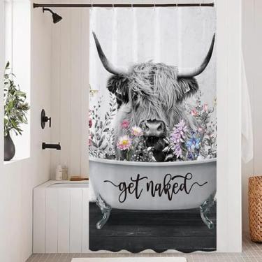 Imagem de Opeoddie Cortina de chuveiro rústica de vaca Highland na banheira, tenda única, 91 x 182 cm, pequena e estreita, vintage, floral, floral, touro, animal de fazenda, gado, meia trailer, cortina de