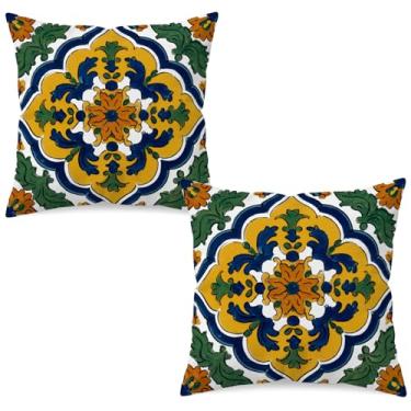 Imagem de Capas de almofada de azulejo mediterrâneo, 45,7 x 45,7 cm, conjunto de 2 capas de almofada decorativas vintage espanhola de cerâmica azul amarelo verde boho design floral fronhas dupla face para sofá
