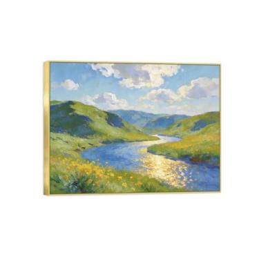 Imagem de Impressão em tela de paisagem de arte de parede com moldura dourada - Mountain River-Pintura decorativa - Imagens para quarto 80 x 105 cm 31 x 41 pol