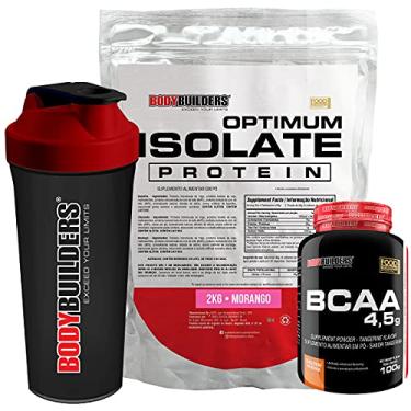 Imagem de Kit Optimum Isolate Whey Protein 2kg + BCAA 100g + Coqueteleira - Bodybuilders Sabor Morango