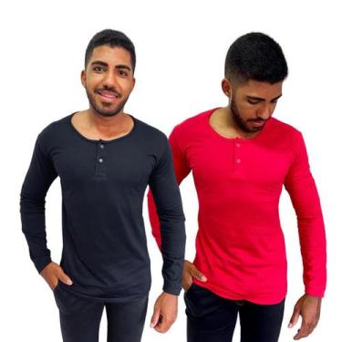 Imagem de Kit 2 Camisa Henley Masculina Slim Manga Longa 100% Algodão Linha Prem