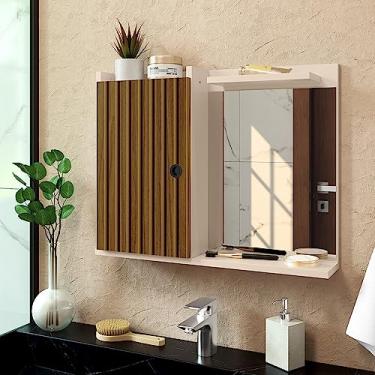 Imagem de Espelheira Madri Porta Prateleira Organizadora Espelho Decorativo Armarinho Banheiro Suspenso - Loja Inova BR (Off White/Ripado)
