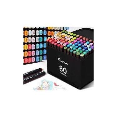 Imagem de Conjunto de Canetas Artísticas Ponta Dupla, 80 Cores, Base de Álcool, Ponta Fina e Chanfrada, com Estojo