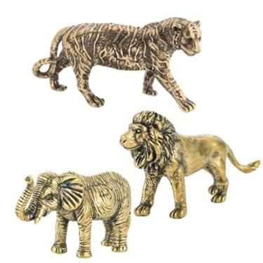 Imagem de YJIUYUANQ 3 peças Estátua de Rei Leão Decoração de Casa Escultura de Tigre Latão Sólido Elefante Estatueta de Mesa Decoração de Mesa para Escritório em Casa