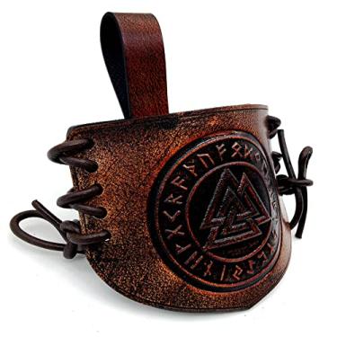 Imagem de Viking Acessório de cinto de couro genuíno cabide/coldre/suporte para chifre viking de 30 a 40 cm, acessório feito à mão, prendendo-o com segurança ao seu cinto, bolsa ou mochila em relevo com Odin