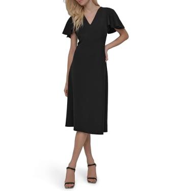 Imagem de DKNY Vestido midi feminino de manga curta com decote em V e bainha reta, Preto, 50