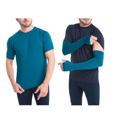 Imagem de Kit Camiseta Curta Masculina e Manguito com Dedo Esportiva Proteção UV50+ Academia Fitness Trygg (GG-G, Verde)