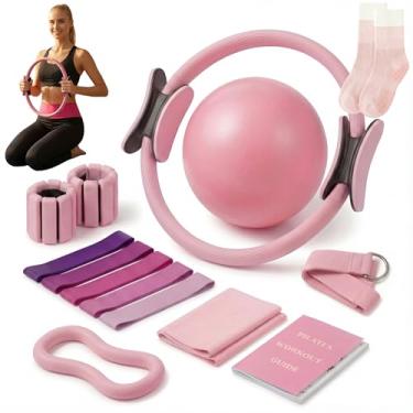 Imagem de Conjunto de anéis de Pilates 14 peças, anel de ioga circular, bola de pilates, pesos ajustáveis no tornozelo e no pulso, faixas de resistência, meias de aderência, guias de instruções Mauel, conjunto