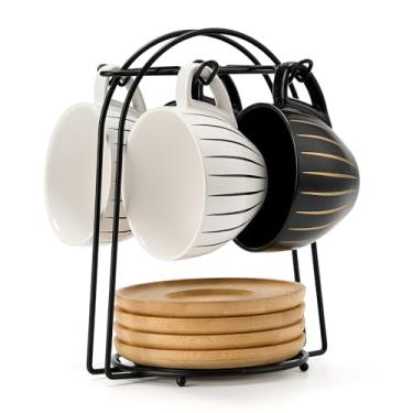 Imagem de LUKA Conjunto de xícaras de café expresso de cerâmica Demitasse com pires e suporte de metal, xícaras de cappuccino de porcelana de 236 ml, xícara de chá para chá, expresso, latte, café, café mocha,