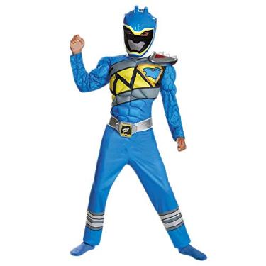Imagem de Fantasia Blue Power Rangers para crianças Oficialmente licenciado Blue Ranger Dino Charge clássico Muscle Power Ranger com máscara para meninos e meninas, médio (7-8)