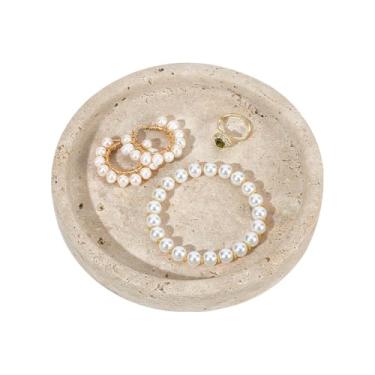 Imagem de NBEADS Bandeja de travertino natural, placa redonda de mármore de 14 cm, organizador de mesa de pedra para brinco, mesa de cabeceira, decoração de casa e exibição de joias, bege