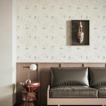 Imagem de Papel de parede retro estilo esboço floral efeito autoadesivo impermeável PVC papel de parede para quarto parede bege cinza 44 * 500 cm