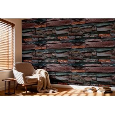 Imagem de ESSMOKO Papel de parede retrô padrão de tijolo PVC impermeável papel de parede autoadesivo para quarto, sala de estar, estudo e parede de loja, rochas vermelhas e verdes 44,5 * 1000 cm