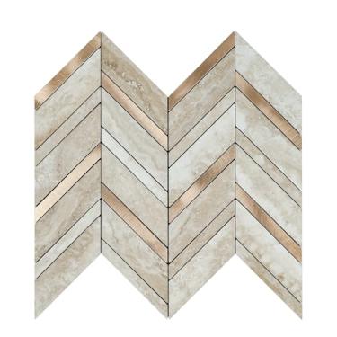 Imagem de Azulejos de espinha de peixe para descascar e colar, pedra sintética dourada de metal misturado bege, azulejo autoadesivo para cozinha e lareira (12 folhas, 25,5 cm x 30 cm)