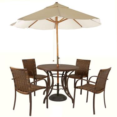 Imagem de Kit 4 Cadeiras Fibra Argila e Mesa Tampo Marrom e Ombrelone Bege