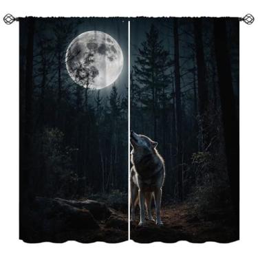 Imagem de Cortinas de lobo selvagem vila gótica lua floresta vida selvagem tratamento de janela para meninas meninos sala de estar quarto decoração de casa cortinas de janela 106,7 cm L x 114,3 cm C