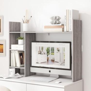 Imagem de FTZxHKLX Estante de mesa de mesa, suporte de mesa de madeira para monitor de computador de até 68 cm com 3 prateleiras de armazenamento abertas, organizador de mesa grande de 4 camadas para dormitório