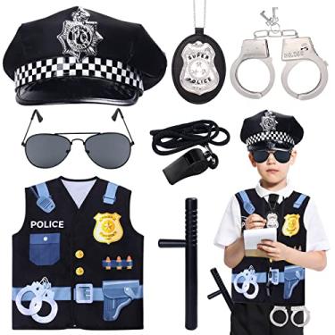 Imagem de Keymall Conjunto de fantasia de polícia infantil - 7 peças de vestido de policial para meninos - chapéu, colete, crachá, apito, óculos de sol, algemas, bastão (conjunto B)