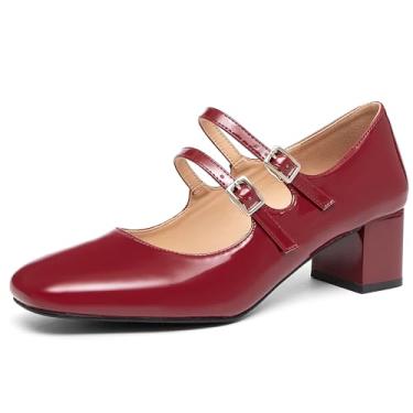 Imagem de NEWBELLA Sapatos femininos Mary Jane - Sapatos de trabalho retrô clássicos com salto grosso e médio, escarpim de escritório confortáveis com alça de fivela, sapatos sociais vintage, Vermelho, 36