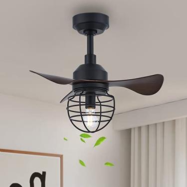 Imagem de Ventiladores de teto retrô pretos com luzes e controle remoto Ventilador de teto silencioso com lâmpada Brilho ajustável Reversível 6 velocidades do vento Ventilador lustre para sala de esta