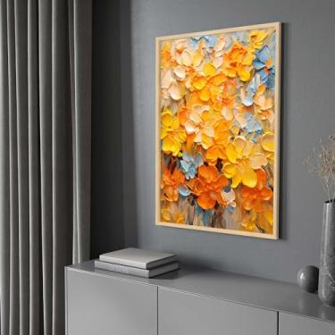 Imagem de Quadro com Moldura Flores Pintadas Abstrato Amarelo Azul Claro Decorativo Grande Sala Quarto Hall