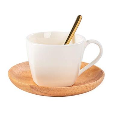 Imagem de Caneca de café de porcelana branca de 193 g com pires de madeira e colher dourada xícara de cappuccino de cerâmica, xícara de café com leite para chá, café, caneca
