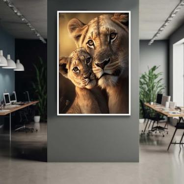 Imagem de Quadro com Moldura Leoa Filhote Família Decorativo Grande Sala Quarto Hall