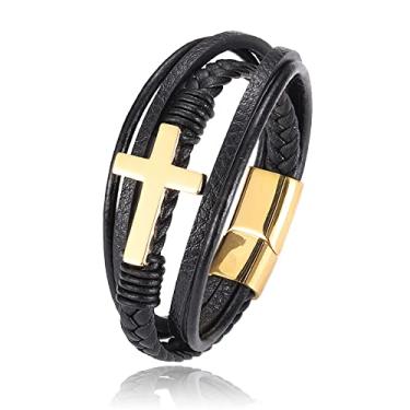 Imagem de Panifio Pulseira masculina com cruz de aço inoxidável, pulseira de couro trançado multicamadas para homens, joias religiosas, Couro, Sem Pedra Preciosa