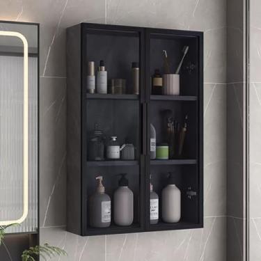 Imagem de Armário de armazenamento montado na parede com portas de vidro - Organizador de banheiro e cozinha de madeira maciça, armário lateral de espelho estreito, rack de armazenamento de vaso sanitário