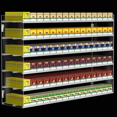 Imagem de Prateleira de exibição de cigarro montada na parede com empurrador automático – Organizador de varejo de acrílico para exibição eficiente do produto e fácil acesso, ideal para lojas de conveniência e